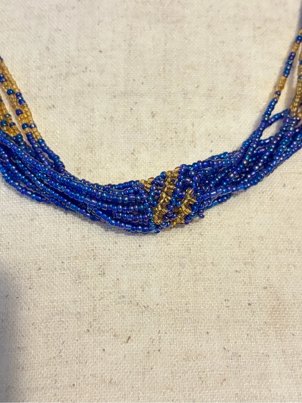 Vintage Cobalt Blue Gold Multi Strand Seed Bead Necklace Boho Statement Woven - Picture 4 of 10